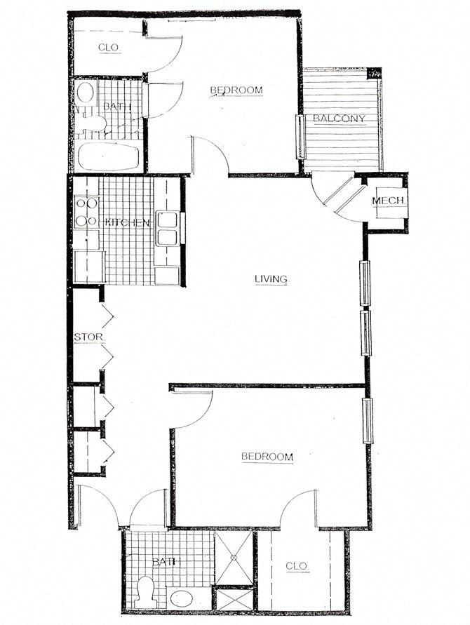 Floor plan for 2 beds, 2 baths, 840 sqft